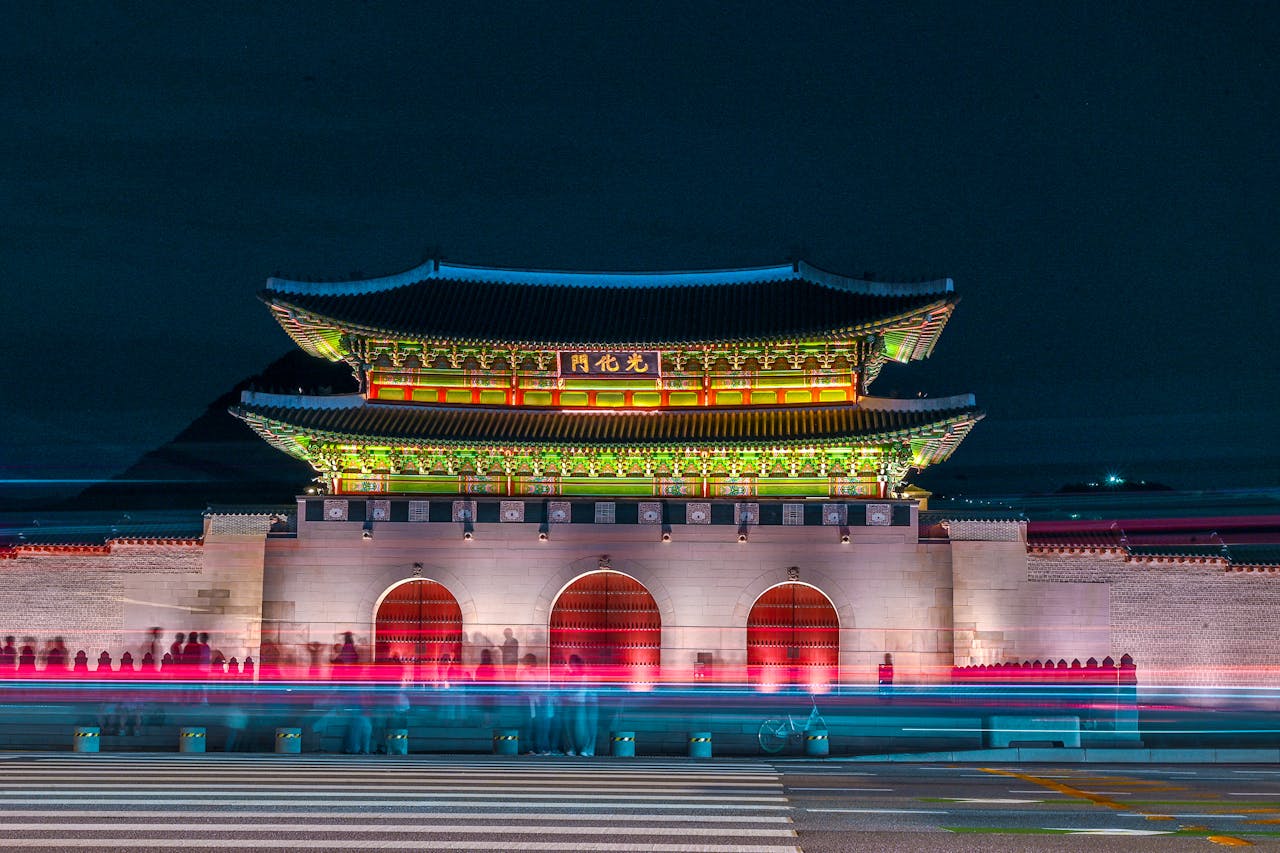 Beautiful night view of Gyeongbokgung Palace illuminated in Seoul, South Korea.